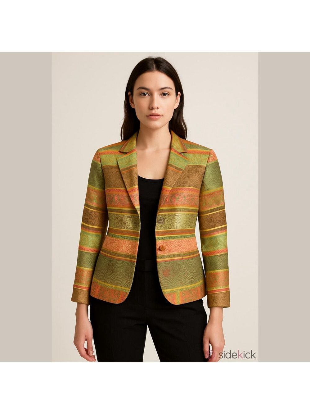 K Studio Collection Striped Jacquard Open-Front Blazer in Green and Coral